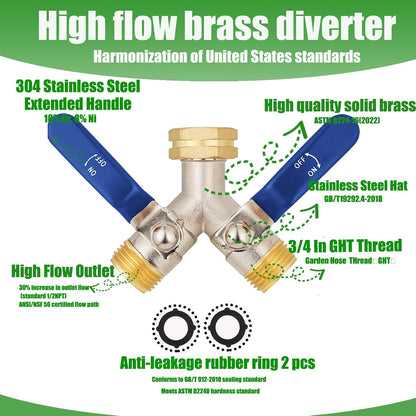 Hose Splitter 2 Way, Garden Hose Splitters, 2 Way Faucet Splitter, Water Spigot Splitter, RV Brass Hose Splitter, Two way Hose Bib Splitter, Double Hose Connector, Hose Valve 3/4 Inch GHT Thread.