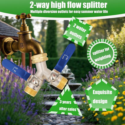 Hose Splitter 2 Way, Garden Hose Splitters, 2 Way Faucet Splitter, Water Spigot Splitter, RV Brass Hose Splitter, Two way Hose Bib Splitter, Double Hose Connector, Hose Valve 3/4 Inch GHT Thread.