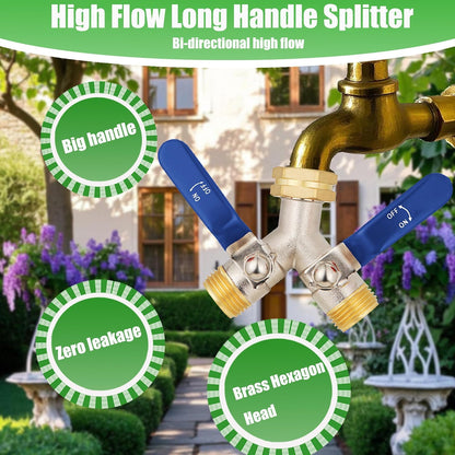 Hose Splitter 2 Way, Garden Hose Splitters, 2 Way Faucet Splitter, Water Spigot Splitter, RV Brass Hose Splitter, Two way Hose Bib Splitter, Double Hose Connector, Hose Valve 3/4 Inch GHT Thread.