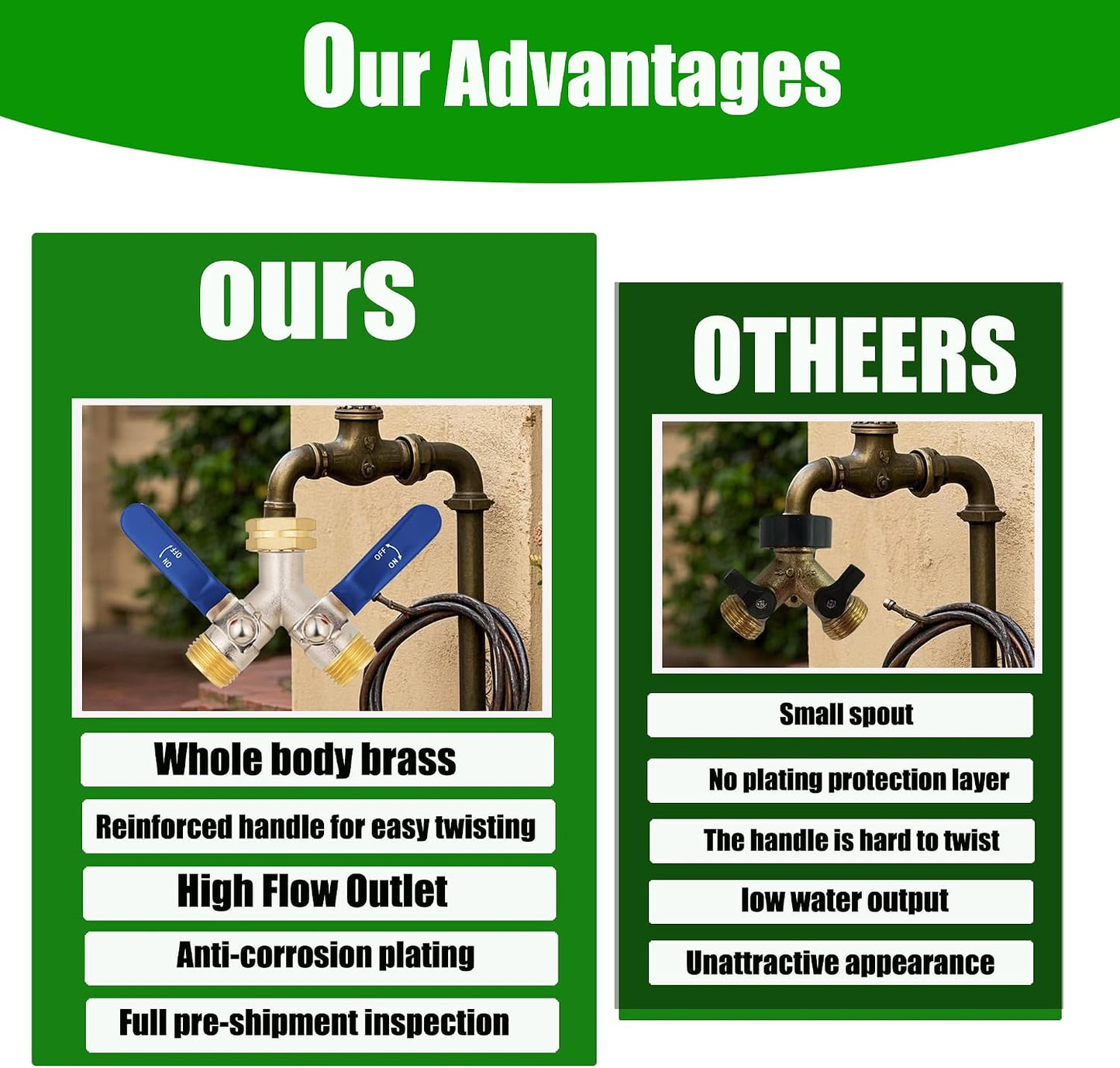 Hose Splitter 2 Way, Garden Hose Splitters, 2 Way Faucet Splitter, Water Spigot Splitter, RV Brass Hose Splitter, Two way Hose Bib Splitter, Double Hose Connector, Hose Valve 3/4 Inch GHT Thread.