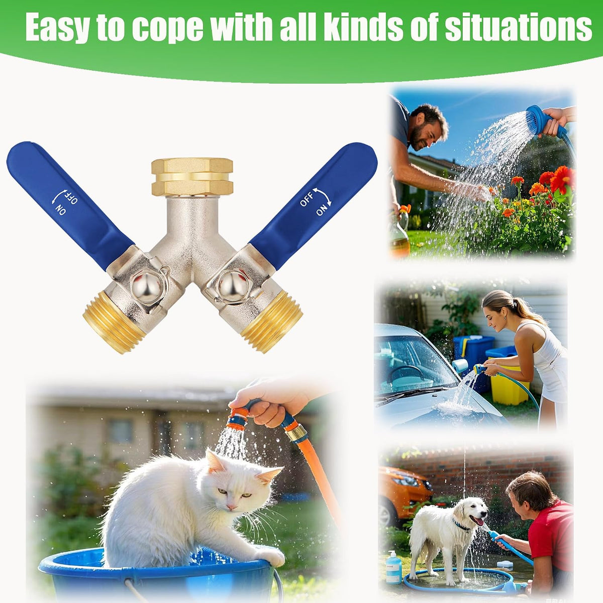 Hose Splitter 2 Way, Garden Hose Splitters, 2 Way Faucet Splitter, Water Spigot Splitter, RV Brass Hose Splitter, Two way Hose Bib Splitter, Double Hose Connector, Hose Valve 3/4 Inch GHT Thread.