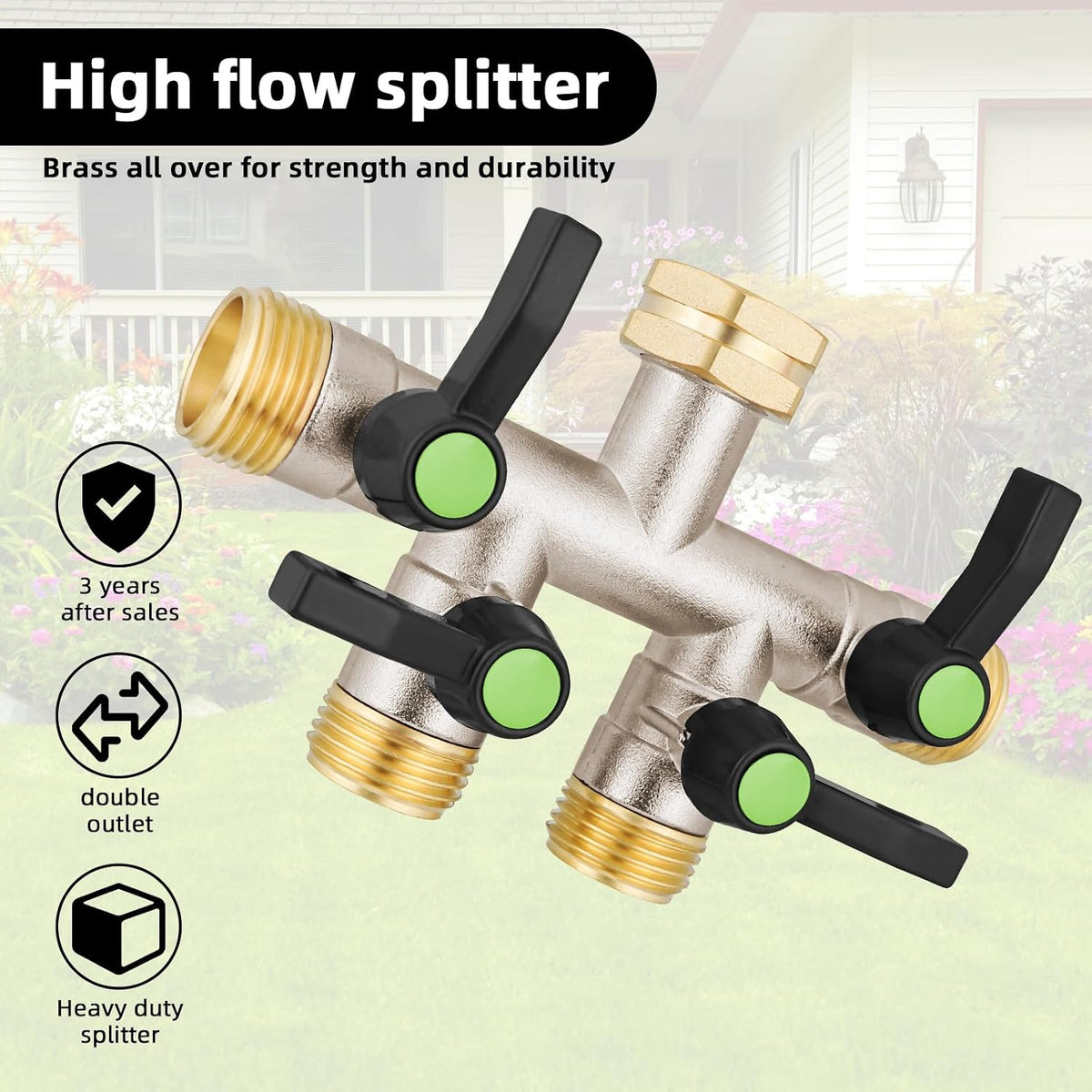 Hose Splitter 2 Way, Garden Hose Splitters, 2 Way Faucet Splitter, Water Spigot Splitter, RV Brass Hose Splitter, Two way Hose Bib Splitter, Double Hose Connector, Hose Valve 3/4 Inch GHT Thread.