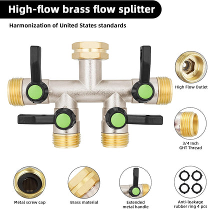 Hose Splitter 2 Way, Garden Hose Splitters, 2 Way Faucet Splitter, Water Spigot Splitter, RV Brass Hose Splitter, Two way Hose Bib Splitter, Double Hose Connector, Hose Valve 3/4 Inch GHT Thread.