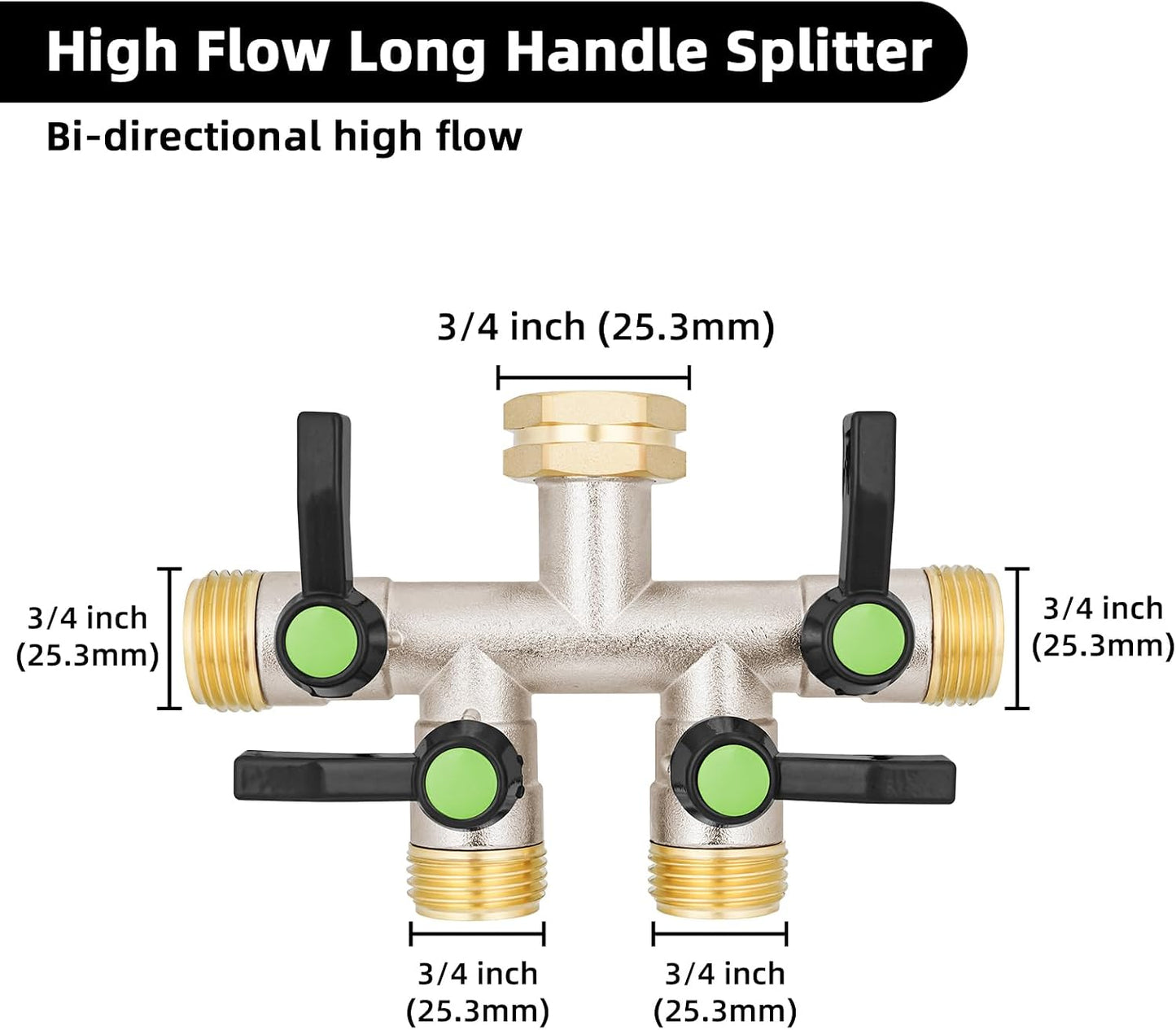 Hose Splitter 2 Way, Garden Hose Splitters, 2 Way Faucet Splitter, Water Spigot Splitter, RV Brass Hose Splitter, Two way Hose Bib Splitter, Double Hose Connector, Hose Valve 3/4 Inch GHT Thread.