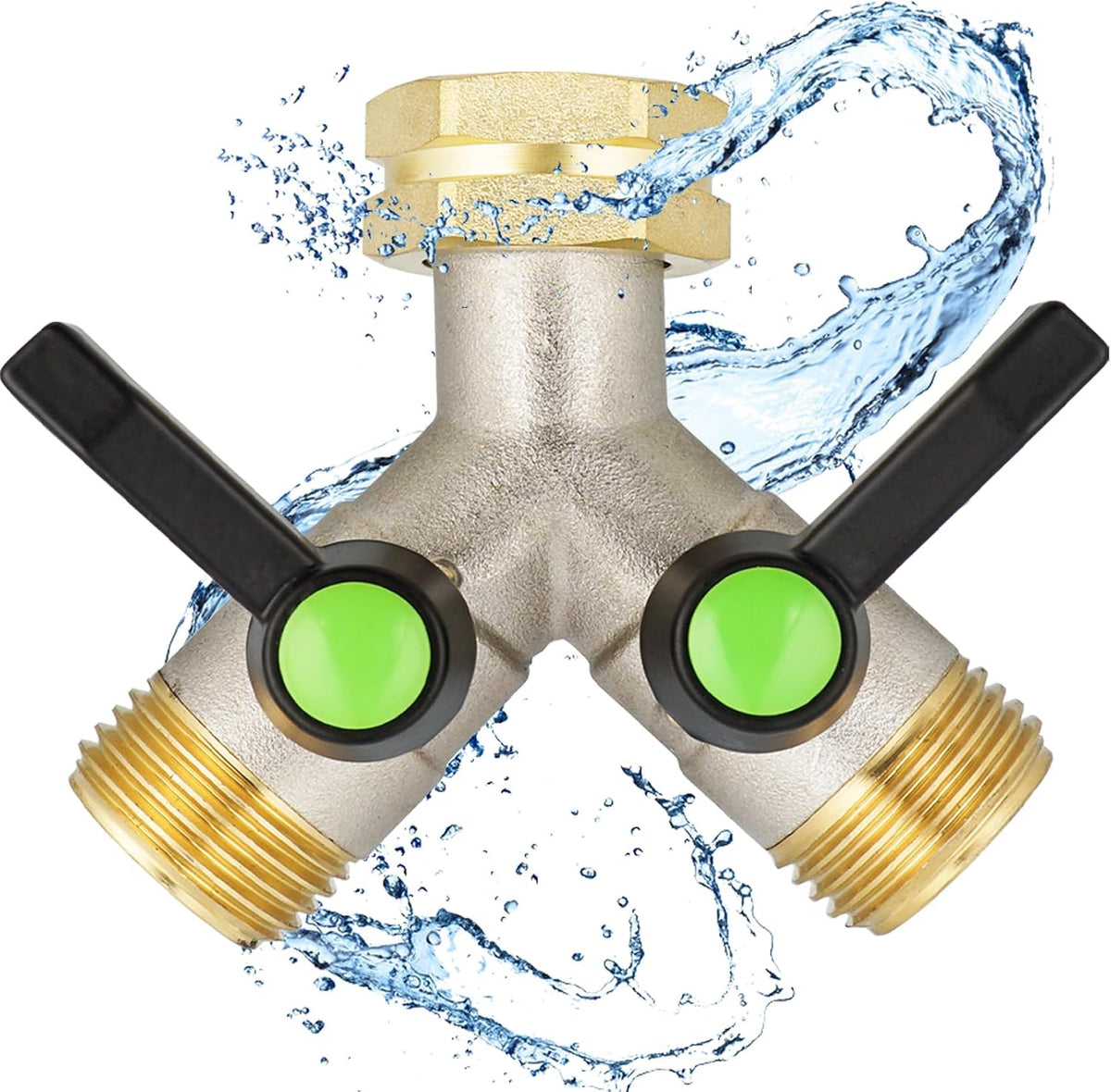 Hose Splitter 2 Way, Garden Hose Splitters, 2 Way Faucet Splitter, Water Spigot Splitter, RV Brass Hose Splitter, Two way Hose Bib Splitter, Double Hose Connector, Hose Valve 3/4 Inch GHT Thread.