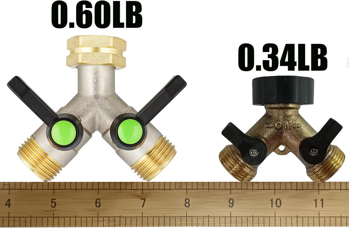 Hose Splitter 2 Way, Garden Hose Splitters, 2 Way Faucet Splitter, Water Spigot Splitter, RV Brass Hose Splitter, Two way Hose Bib Splitter, Double Hose Connector, Hose Valve 3/4 Inch GHT Thread.