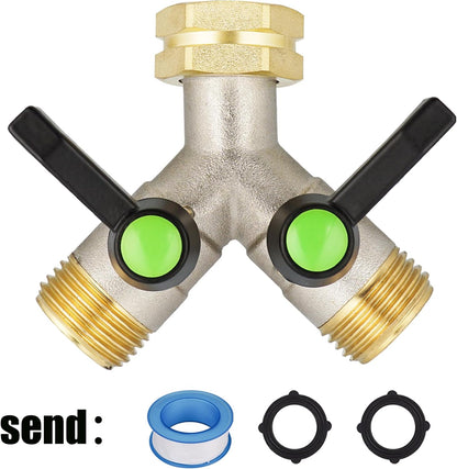 Hose Splitter 2 Way, Garden Hose Splitters, 2 Way Faucet Splitter, Water Spigot Splitter, RV Brass Hose Splitter, Two way Hose Bib Splitter, Double Hose Connector, Hose Valve 3/4 Inch GHT Thread.