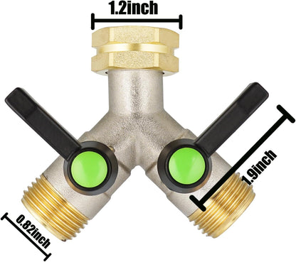 Hose Splitter 2 Way, Garden Hose Splitters, 2 Way Faucet Splitter, Water Spigot Splitter, RV Brass Hose Splitter, Two way Hose Bib Splitter, Double Hose Connector, Hose Valve 3/4 Inch GHT Thread.