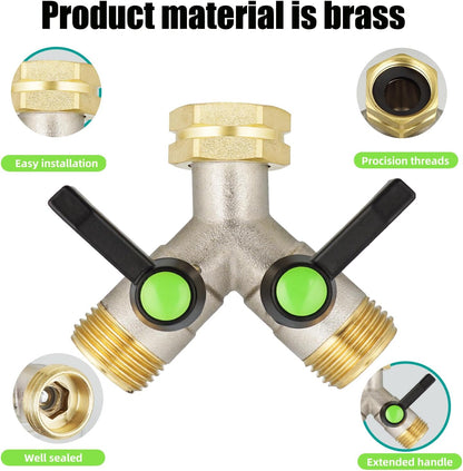 Hose Splitter 2 Way, Garden Hose Splitters, 2 Way Faucet Splitter, Water Spigot Splitter, RV Brass Hose Splitter, Two way Hose Bib Splitter, Double Hose Connector, Hose Valve 3/4 Inch GHT Thread.