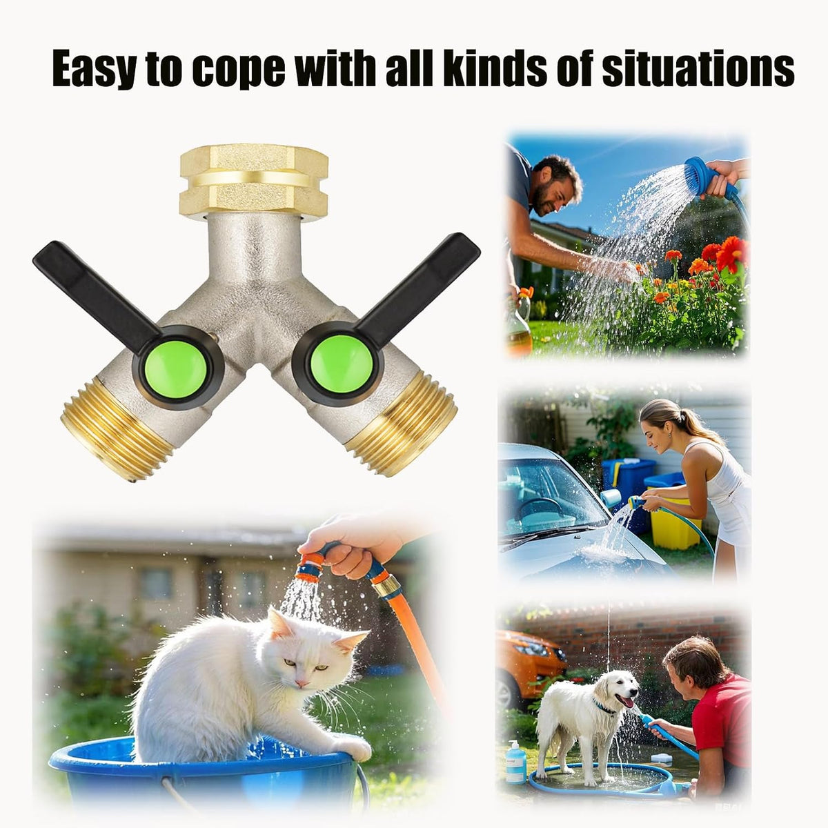 Hose Splitter 2 Way, Garden Hose Splitters, 2 Way Faucet Splitter, Water Spigot Splitter, RV Brass Hose Splitter, Two way Hose Bib Splitter, Double Hose Connector, Hose Valve 3/4 Inch GHT Thread.
