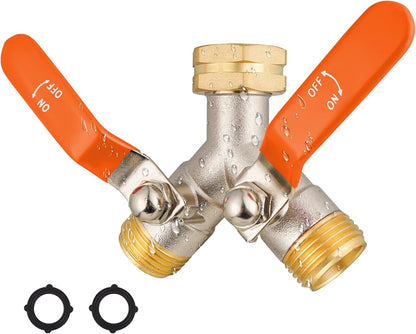 Hose Splitter 2 Way, Garden Hose Splitters, 2 Way Faucet Splitter, Water Spigot Splitter, RV Brass Hose Splitter, Two way Hose Bib Splitter, Double Hose Connector, Hose Valve 3/4 Inch GHT Thread.