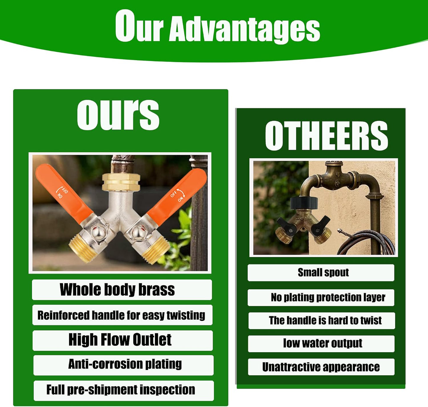 Hose Splitter 2 Way, Garden Hose Splitters, 2 Way Faucet Splitter, Water Spigot Splitter, RV Brass Hose Splitter, Two way Hose Bib Splitter, Double Hose Connector, Hose Valve 3/4 Inch GHT Thread.