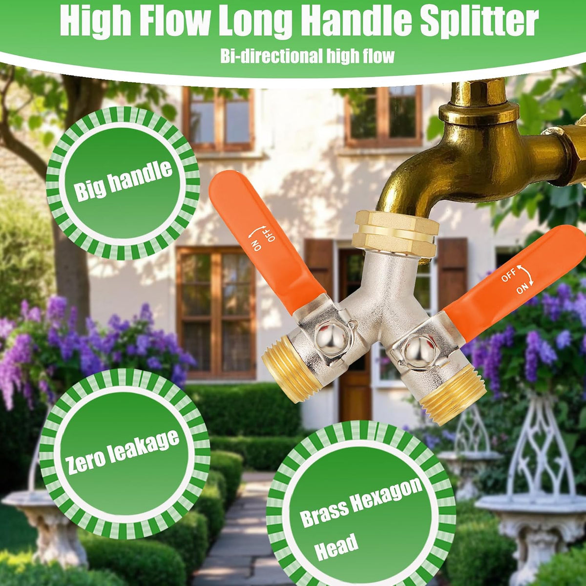 Hose Splitter 2 Way, Garden Hose Splitters, 2 Way Faucet Splitter, Water Spigot Splitter, RV Brass Hose Splitter, Two way Hose Bib Splitter, Double Hose Connector, Hose Valve 3/4 Inch GHT Thread.