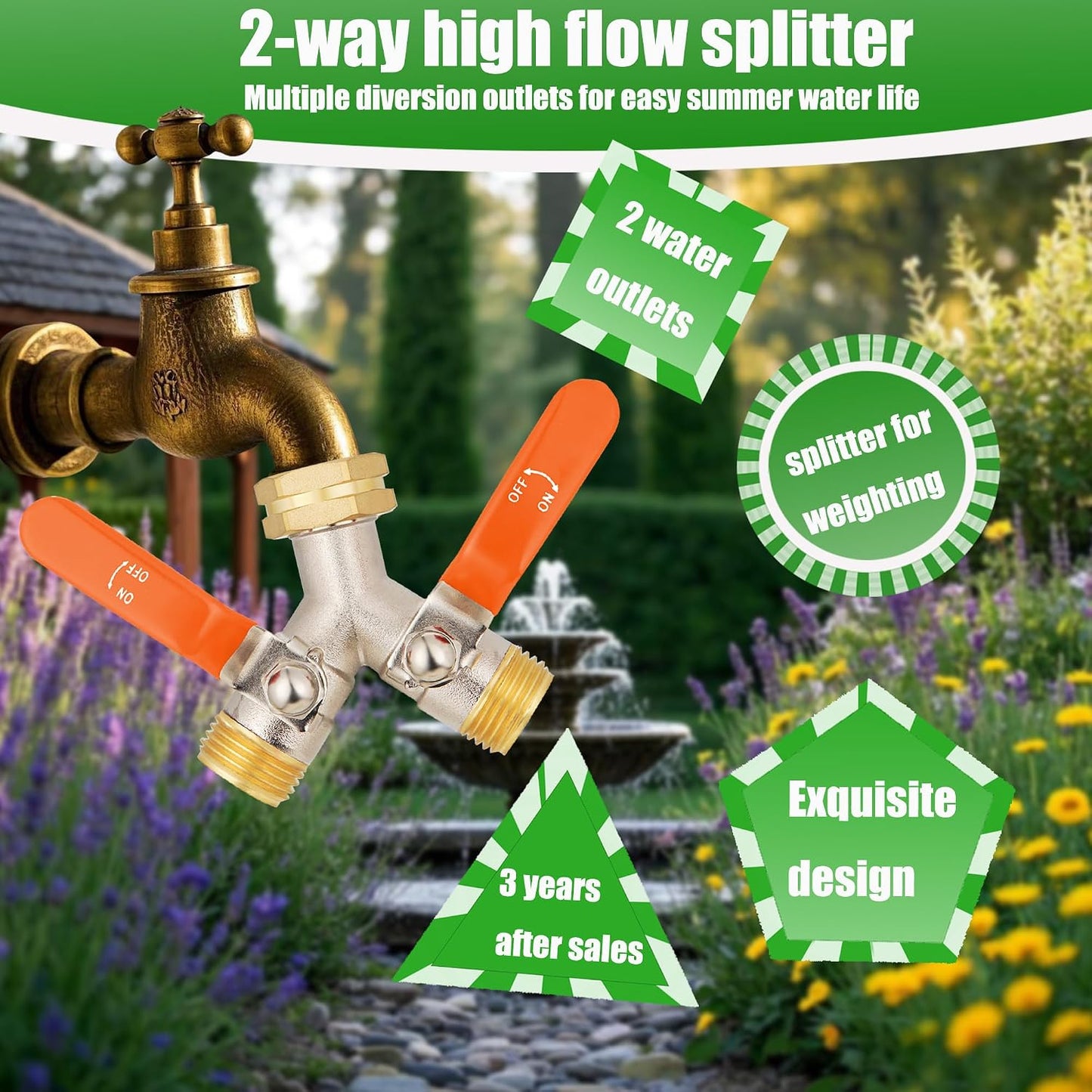 Hose Splitter 2 Way, Garden Hose Splitters, 2 Way Faucet Splitter, Water Spigot Splitter, RV Brass Hose Splitter, Two way Hose Bib Splitter, Double Hose Connector, Hose Valve 3/4 Inch GHT Thread.