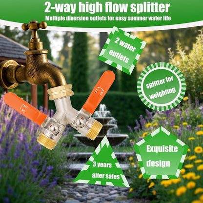 Hose Splitter 2 Way, Garden Hose Splitters, 2 Way Faucet Splitter, Water Spigot Splitter, RV Brass Hose Splitter, Two way Hose Bib Splitter, Double Hose Connector, Hose Valve 3/4 Inch GHT Thread.