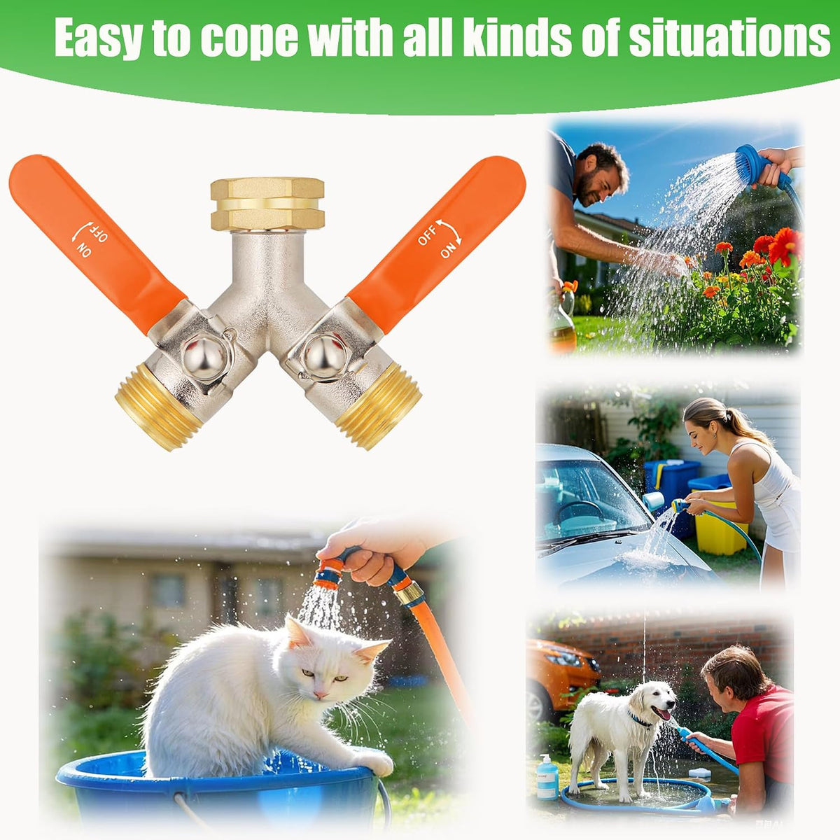 Hose Splitter 2 Way, Garden Hose Splitters, 2 Way Faucet Splitter, Water Spigot Splitter, RV Brass Hose Splitter, Two way Hose Bib Splitter, Double Hose Connector, Hose Valve 3/4 Inch GHT Thread.
