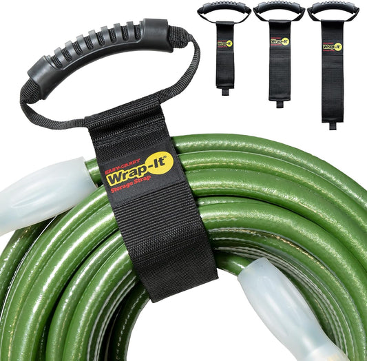 Easy-Carry Straps - Assorted 3-Pack Black – Hook and Loop Straps with a Carrying Handle for Garden Hose, Extension Cord, Cable, Garage, Boat, RV Accessories Organization