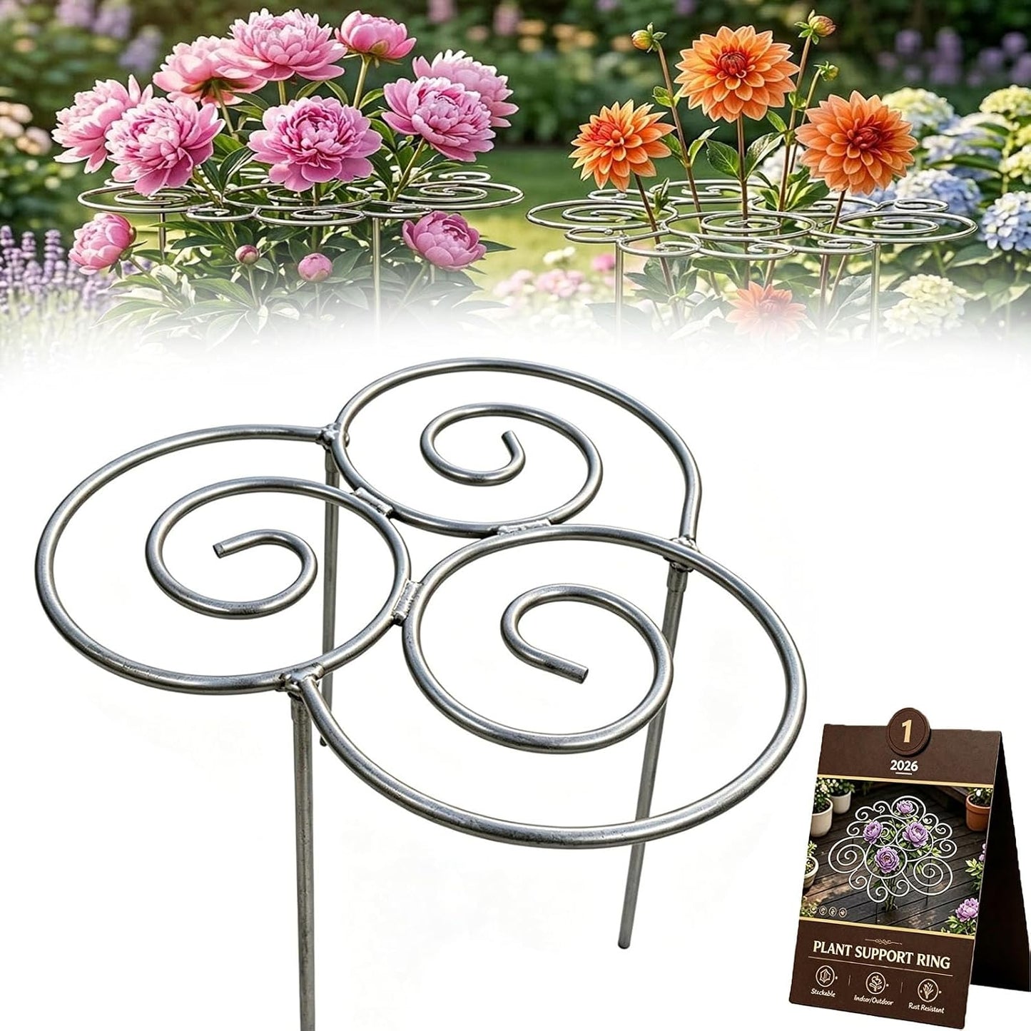 Peony Cages and Supports 2 Pack, Decorative Grow Through Plant Support Hoops, Heavy Duty Metal Peony Plant Support Rings for Garden Outdoor Plants & Dahlia (2PC, s)