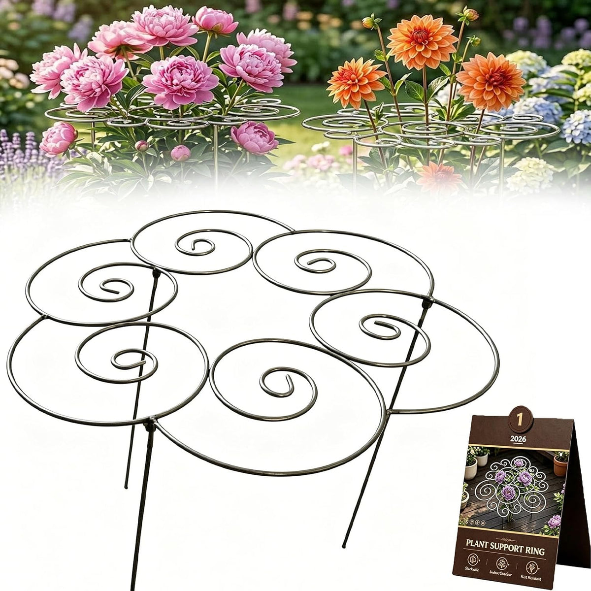 Peony Cages and Supports 2 Pack, Decorative Grow Through Plant Support Hoops, Heavy Duty Metal Peony Plant Support Rings for Garden Outdoor Plants & Dahlia (2PC, s)