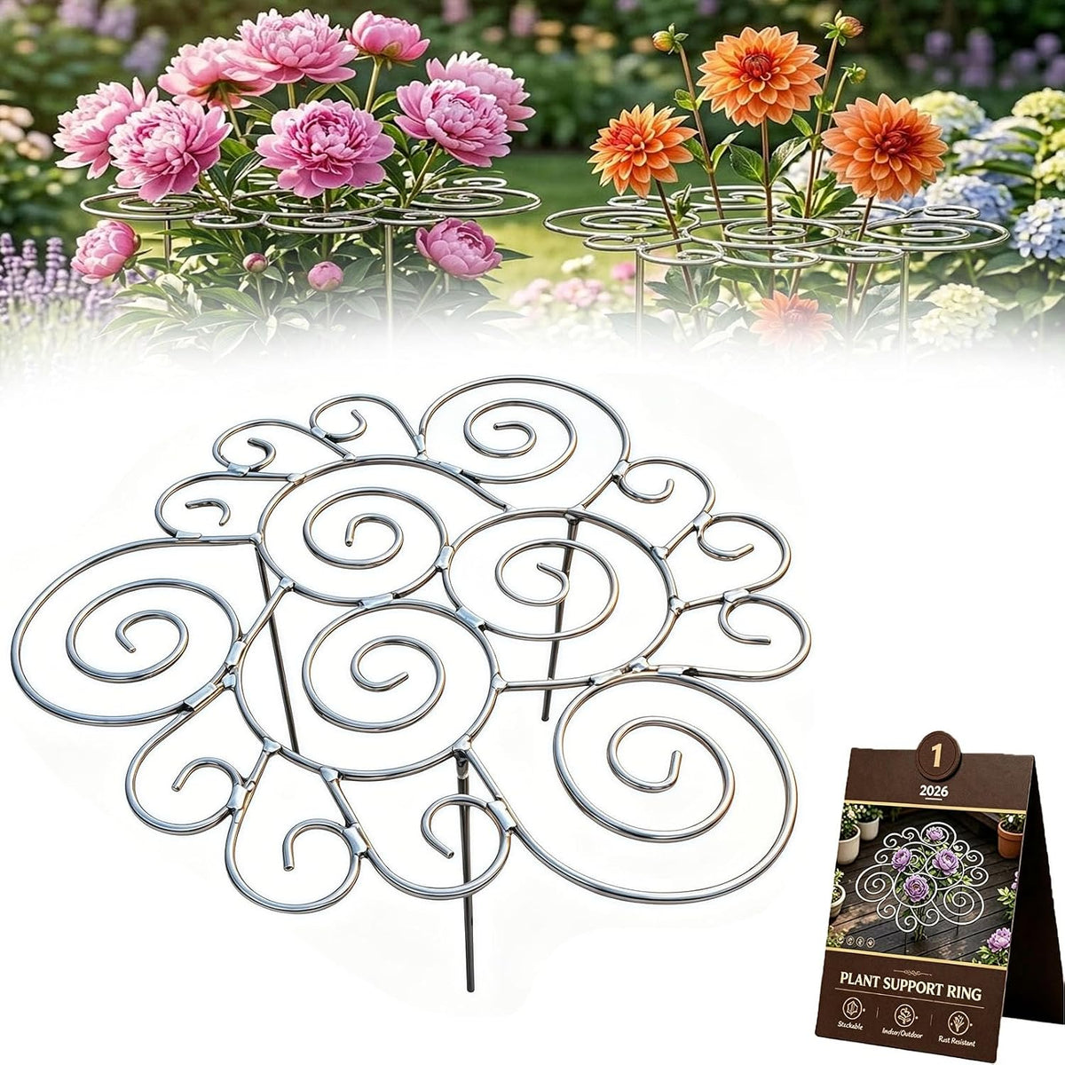 Peony Cages and Supports 2 Pack, Decorative Grow Through Plant Support Hoops, Heavy Duty Metal Peony Plant Support Rings for Garden Outdoor Plants & Dahlia (2PC, s)