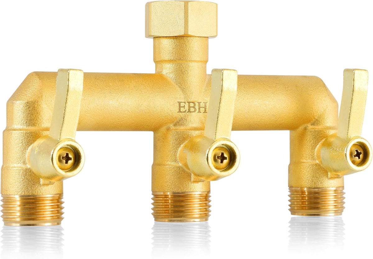 Brass Garden Hose Splitter, 3 Way High Flow Outdoor Faucet Splitter,Full Flow 3-Way Brass Heavy Duty Hose Splitter With 3 Long Metal Handle and Individual On/Off Valve。