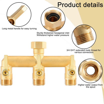 Brass Garden Hose Splitter, 3 Way High Flow Outdoor Faucet Splitter,Full Flow 3-Way Brass Heavy Duty Hose Splitter With 3 Long Metal Handle and Individual On/Off Valve。
