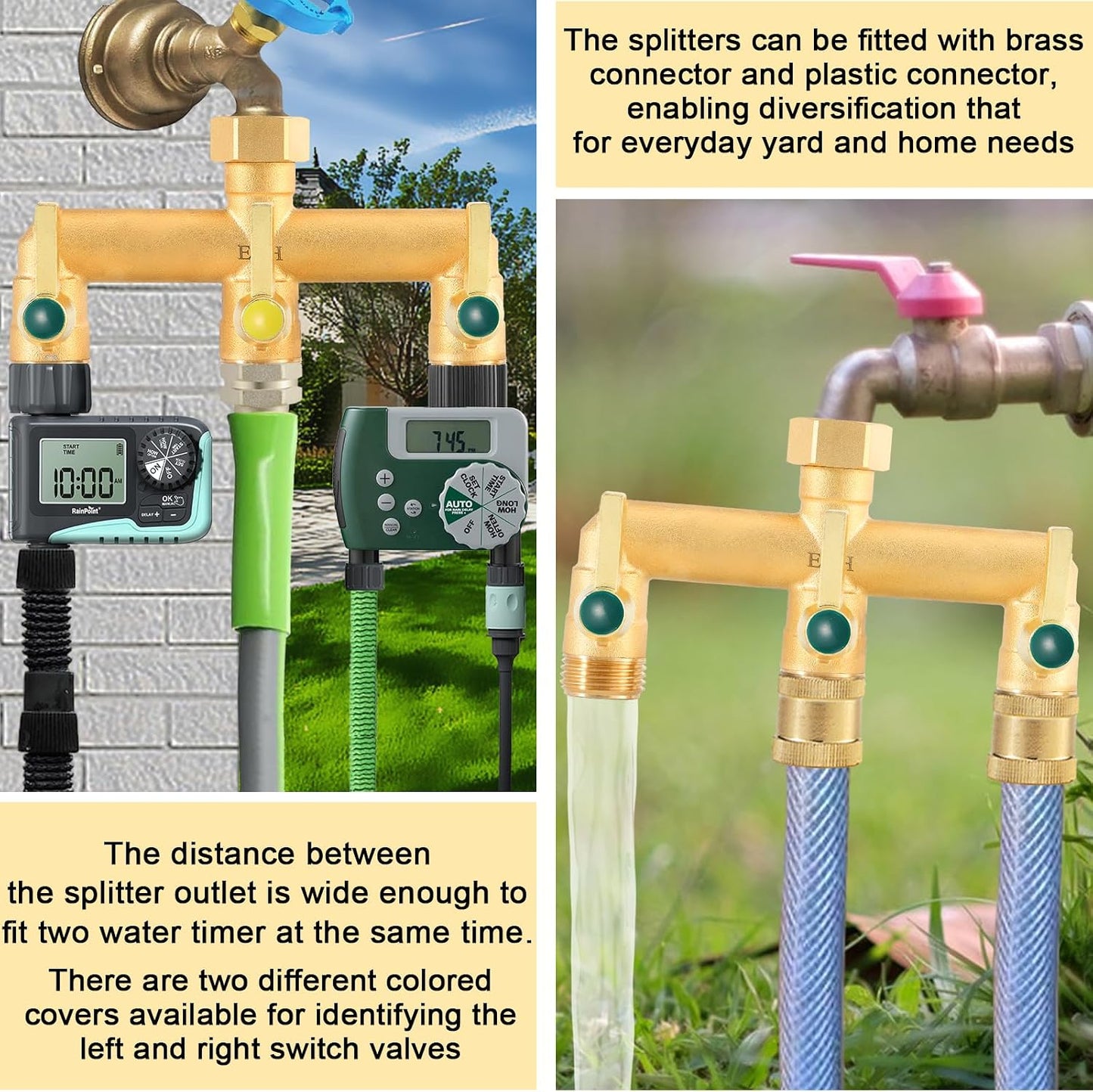 Brass Garden Hose Splitter, 3 Way High Flow Outdoor Faucet Splitter,Full Flow 3-Way Brass Heavy Duty Hose Splitter With 3 Long Metal Handle and Individual On/Off Valve。