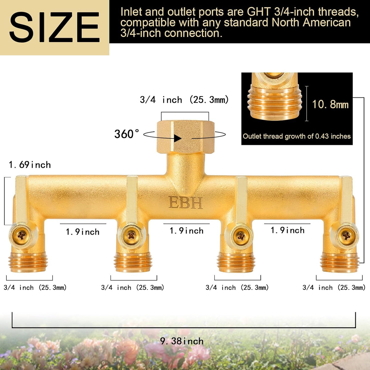 Brass Garden Hose Splitter, 3 Way High Flow Outdoor Faucet Splitter,Full Flow 3-Way Brass Heavy Duty Hose Splitter With 3 Long Metal Handle and Individual On/Off Valve。