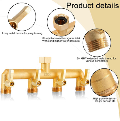 Brass Garden Hose Splitter, 3 Way High Flow Outdoor Faucet Splitter,Full Flow 3-Way Brass Heavy Duty Hose Splitter With 3 Long Metal Handle and Individual On/Off Valve。