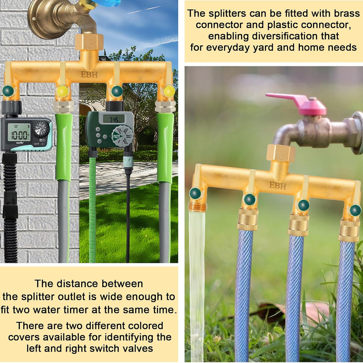 Brass Garden Hose Splitter, 3 Way High Flow Outdoor Faucet Splitter,Full Flow 3-Way Brass Heavy Duty Hose Splitter With 3 Long Metal Handle and Individual On/Off Valve。