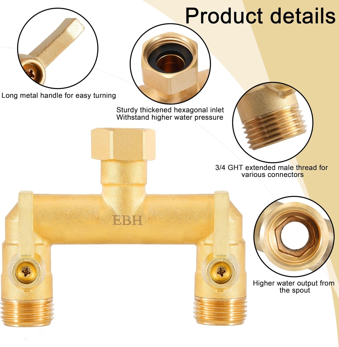 Brass Garden Hose Splitter, 3 Way High Flow Outdoor Faucet Splitter,Full Flow 3-Way Brass Heavy Duty Hose Splitter With 3 Long Metal Handle and Individual On/Off Valve。
