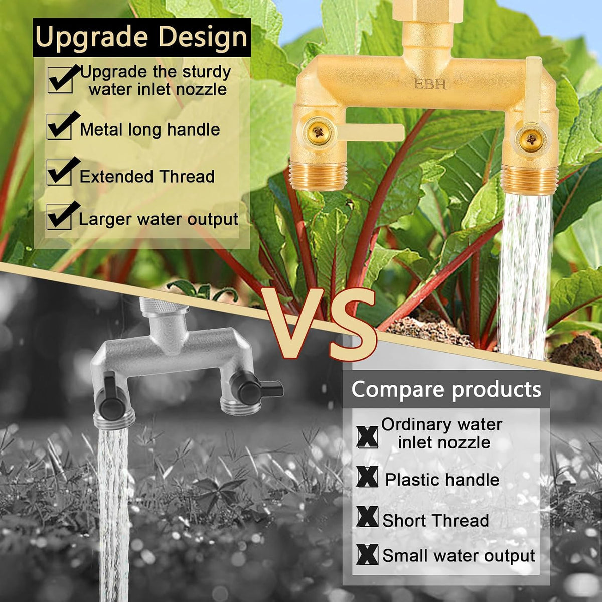 Brass Garden Hose Splitter, 3 Way High Flow Outdoor Faucet Splitter,Full Flow 3-Way Brass Heavy Duty Hose Splitter With 3 Long Metal Handle and Individual On/Off Valve。