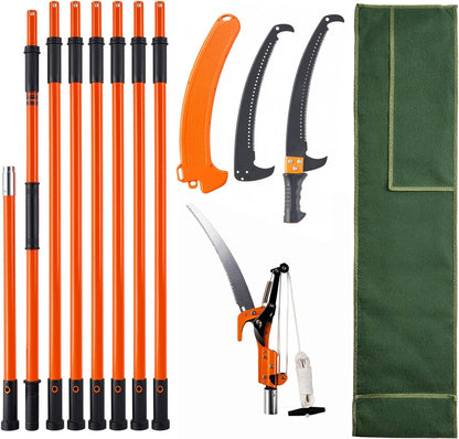 Manual Pole Saw, 7.3-27 ft Extendable Tree Pruner, Sharp Steel Blade and Scissors High Branches Trimming, Branch Trimmer with Lightweight 8 Fiberglass Handles, for Pruning Palms and Shrubs