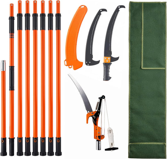 Manual Pole Saw, 7.3-27 ft Extendable Tree Pruner, Sharp Steel Blade and Scissors High Branches Trimming, Branch Trimmer with Lightweight 8 Fiberglass Handles, for Pruning Palms and Shrubs