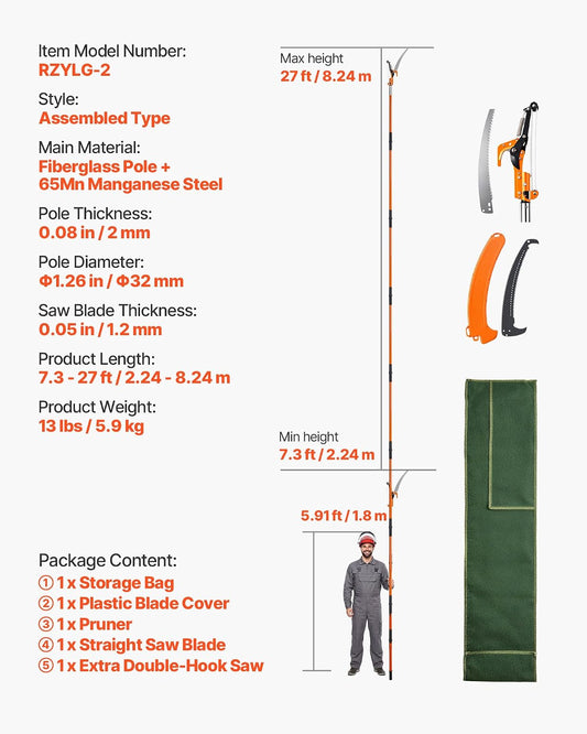 Manual Pole Saw, 7.3-27 ft Extendable Tree Pruner, Sharp Steel Blade and Scissors High Branches Trimming, Branch Trimmer with Lightweight 8 Fiberglass Handles, for Pruning Palms and Shrubs
