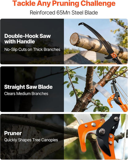 Manual Pole Saw, 7.3-27 ft Extendable Tree Pruner, Sharp Steel Blade and Scissors High Branches Trimming, Branch Trimmer with Lightweight 8 Fiberglass Handles, for Pruning Palms and Shrubs