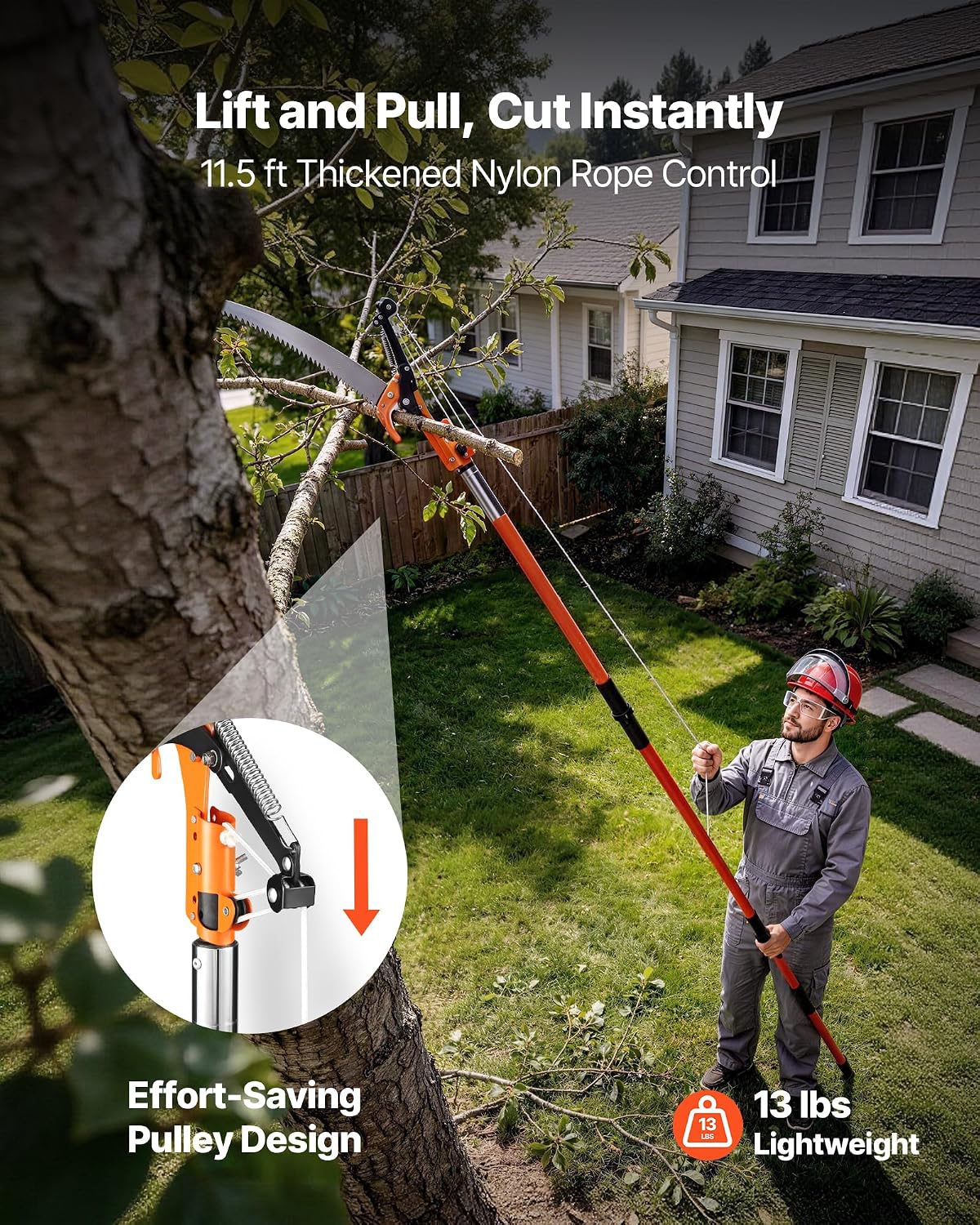 Manual Pole Saw, 7.3-27 ft Extendable Tree Pruner, Sharp Steel Blade and Scissors High Branches Trimming, Branch Trimmer with Lightweight 8 Fiberglass Handles, for Pruning Palms and Shrubs
