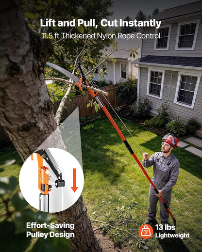 Manual Pole Saw, 7.3-27 ft Extendable Tree Pruner, Sharp Steel Blade and Scissors High Branches Trimming, Branch Trimmer with Lightweight 8 Fiberglass Handles, for Pruning Palms and Shrubs