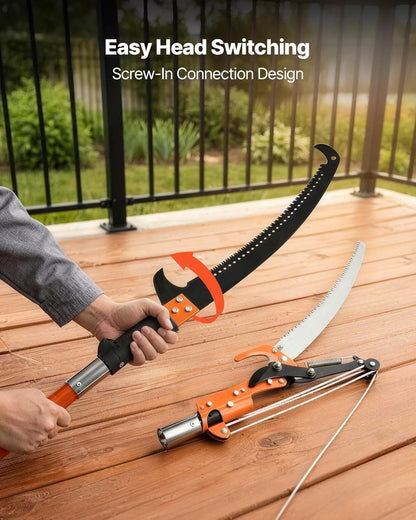 Manual Pole Saw, 7.3-27 ft Extendable Tree Pruner, Sharp Steel Blade and Scissors High Branches Trimming, Branch Trimmer with Lightweight 8 Fiberglass Handles, for Pruning Palms and Shrubs