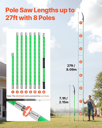 Manual Pole Saw, 7.3-27 ft Extendable Tree Pruner, Sharp Steel Blade and Scissors High Branches Trimming, Branch Trimmer with Lightweight 8 Fiberglass Handles, for Pruning Palms and Shrubs