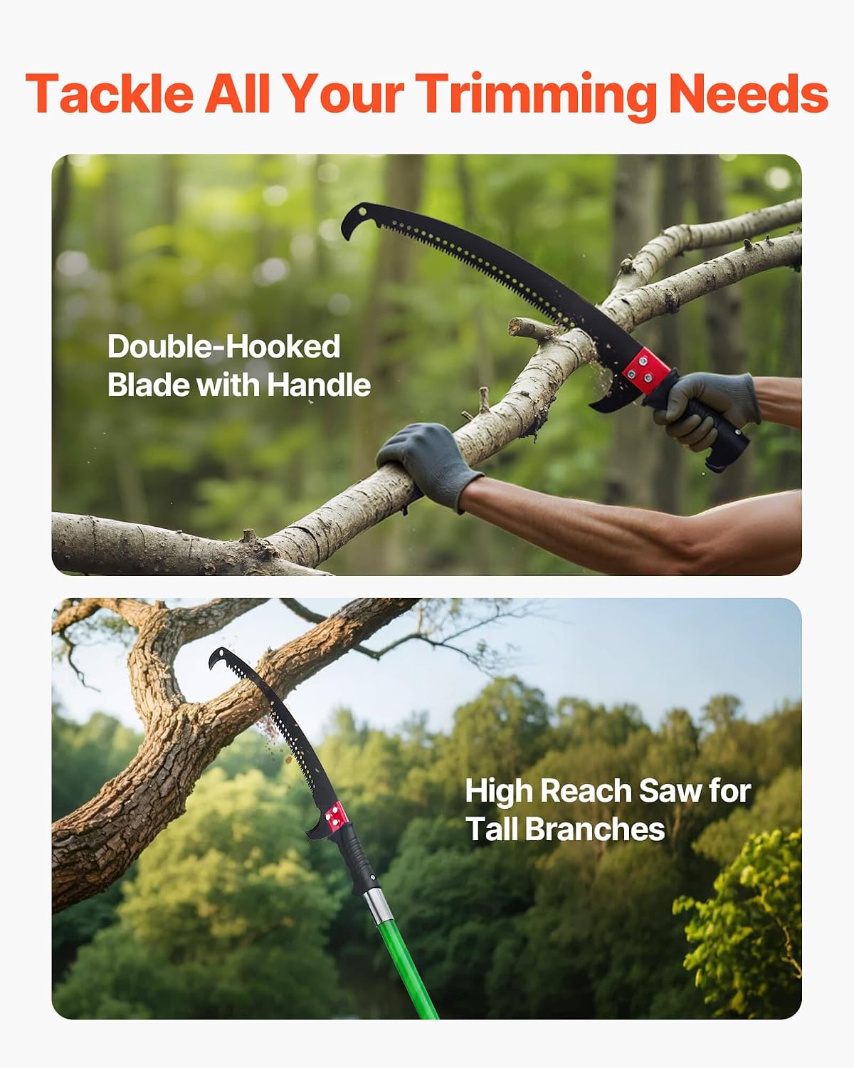 Manual Pole Saw, 7.3-27 ft Extendable Tree Pruner, Sharp Steel Blade and Scissors High Branches Trimming, Branch Trimmer with Lightweight 8 Fiberglass Handles, for Pruning Palms and Shrubs