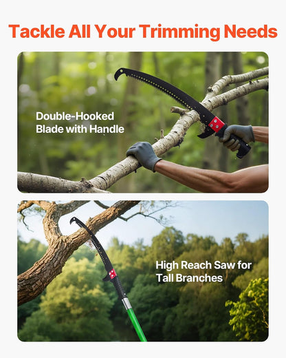 Manual Pole Saw, 7.3-27 ft Extendable Tree Pruner, Sharp Steel Blade and Scissors High Branches Trimming, Branch Trimmer with Lightweight 8 Fiberglass Handles, for Pruning Palms and Shrubs