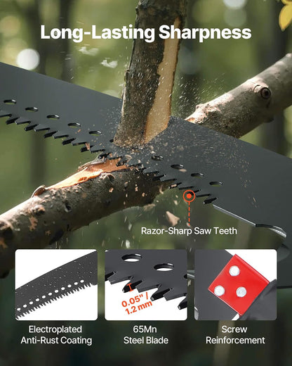 Manual Pole Saw, 7.3-27 ft Extendable Tree Pruner, Sharp Steel Blade and Scissors High Branches Trimming, Branch Trimmer with Lightweight 8 Fiberglass Handles, for Pruning Palms and Shrubs