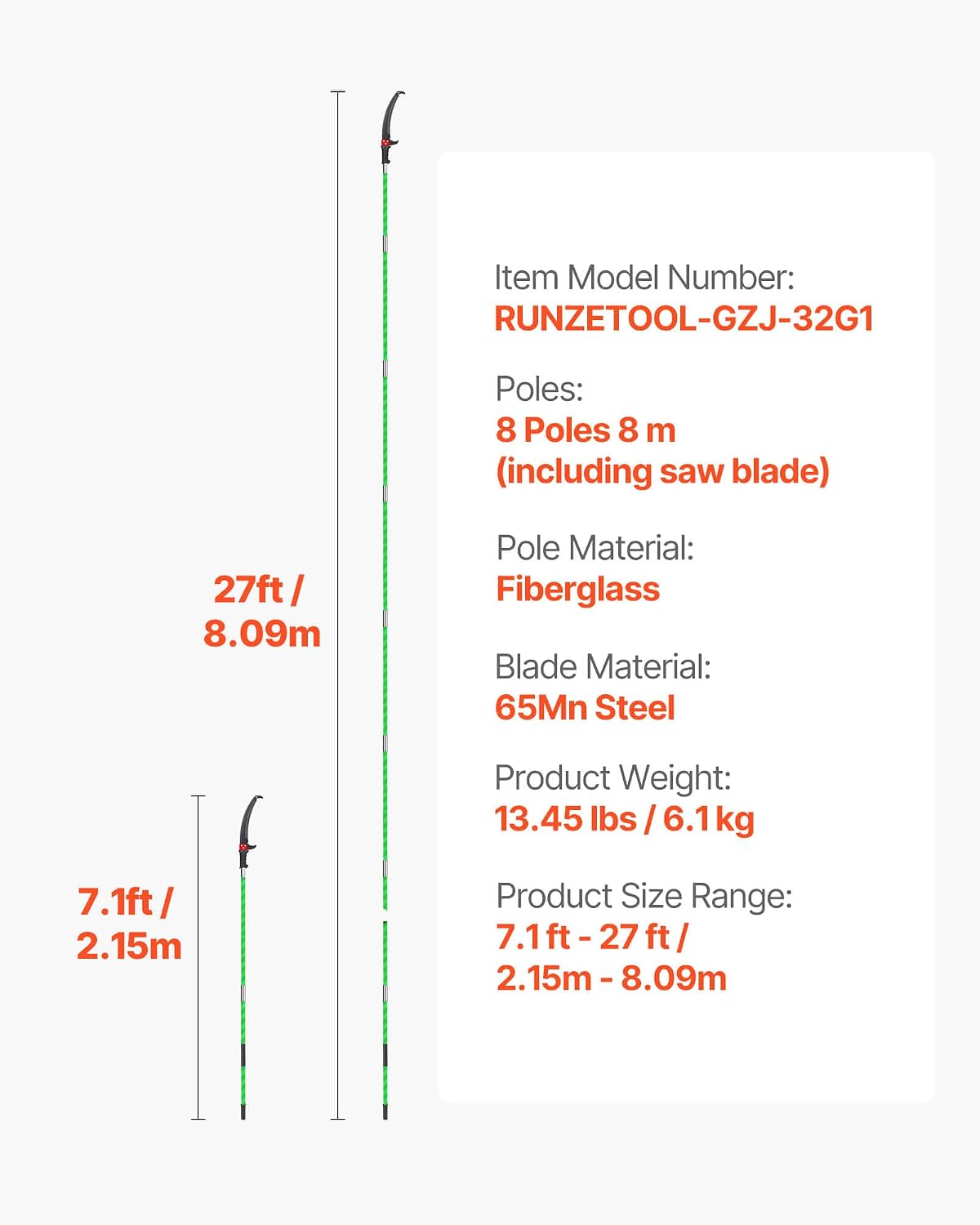Manual Pole Saw, 7.3-27 ft Extendable Tree Pruner, Sharp Steel Blade and Scissors High Branches Trimming, Branch Trimmer with Lightweight 8 Fiberglass Handles, for Pruning Palms and Shrubs