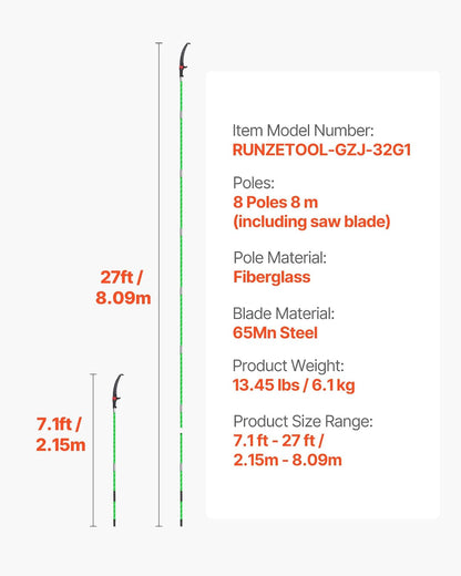 Manual Pole Saw, 7.3-27 ft Extendable Tree Pruner, Sharp Steel Blade and Scissors High Branches Trimming, Branch Trimmer with Lightweight 8 Fiberglass Handles, for Pruning Palms and Shrubs