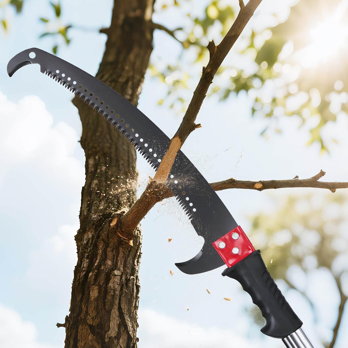 Manual Pole Saw, 7.3-27 ft Extendable Tree Pruner, Sharp Steel Blade and Scissors High Branches Trimming, Branch Trimmer with Lightweight 8 Fiberglass Handles, for Pruning Palms and Shrubs