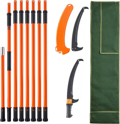 Manual Pole Saw, 7.3-27 ft Extendable Tree Pruner, Sharp Steel Blade and Scissors High Branches Trimming, Branch Trimmer with Lightweight 8 Fiberglass Handles, for Pruning Palms and Shrubs