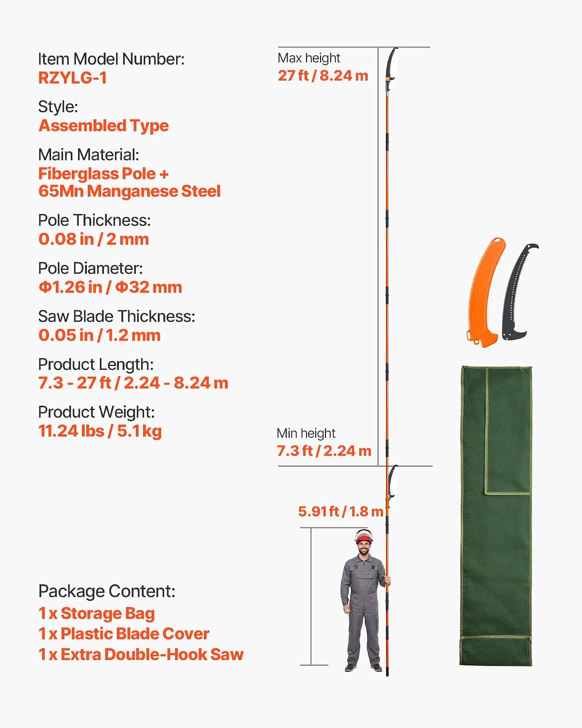 Manual Pole Saw, 7.3-27 ft Extendable Tree Pruner, Sharp Steel Blade and Scissors High Branches Trimming, Branch Trimmer with Lightweight 8 Fiberglass Handles, for Pruning Palms and Shrubs