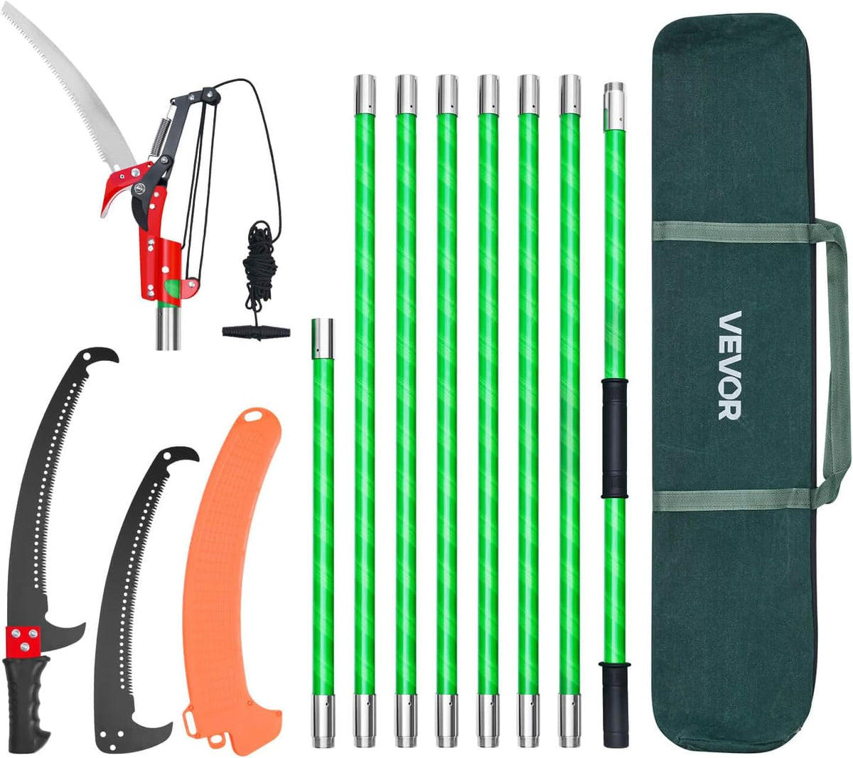Manual Pole Saw, 7.3-27 ft Extendable Tree Pruner, Sharp Steel Blade and Scissors High Branches Trimming, Branch Trimmer with Lightweight 8 Fiberglass Handles, for Pruning Palms and Shrubs