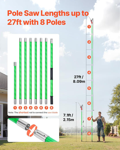 Manual Pole Saw, 7.3-27 ft Extendable Tree Pruner, Sharp Steel Blade and Scissors High Branches Trimming, Branch Trimmer with Lightweight 8 Fiberglass Handles, for Pruning Palms and Shrubs